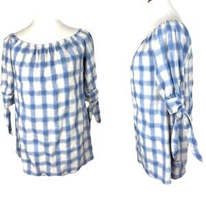 Karlie Plaid Cotton Woven Off-Shoulder Tunic with Tie Sleeve Detail Size Small